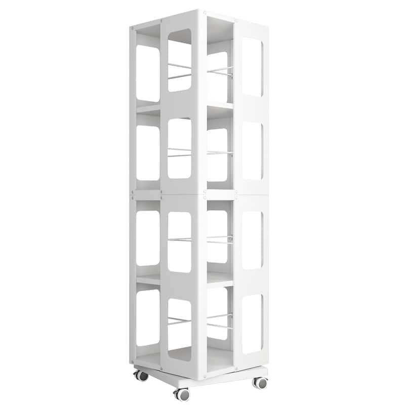 Modern 4-Tier Rotating Bookcase – 360° Swivel Wheels For Easy Mobility, Extra-Large All-Steel Construction .