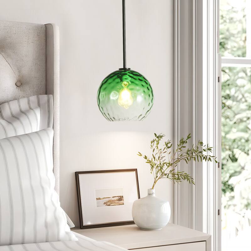 1-Light Modern Gold/Black Metal Hanging Pendant with Green Hammer Textured Glass Shade for Kitchen Island, Living room