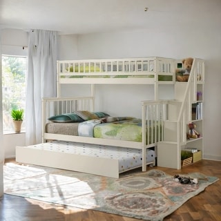 Cream Wooden Twin over Full Stairway Bunk Bed with Trundle