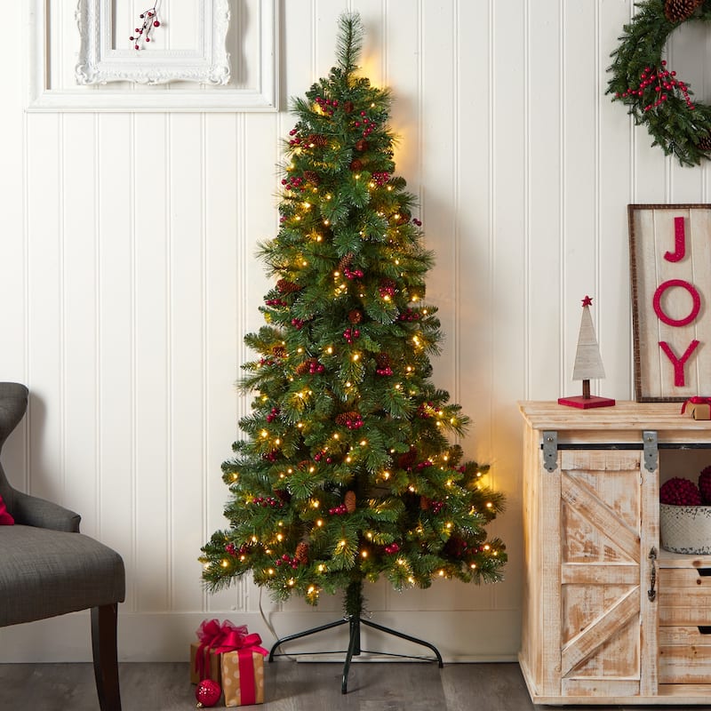 6ft. Flat Back Pine Artificial Christmas Tree with Pinecones, Berries & 150 Warm White LED Lights - Festive Holiday X-Mas Accent