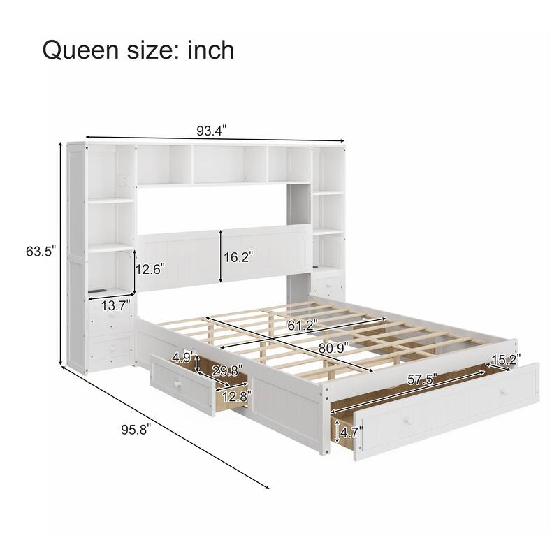 Queen Size Pine Wood Platform Bed with Nightstands, Storage, and Charging Stations