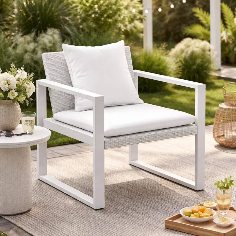 Lark 28 Inch Outdoor Armchair, All Weather Rattan Backrest, White Fabric