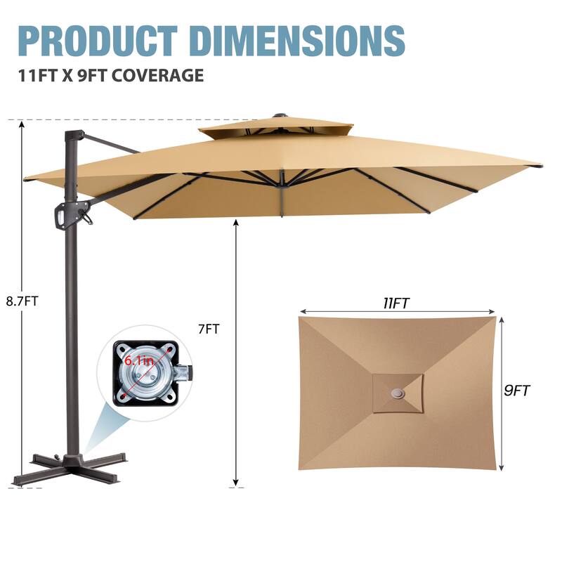 VredHom Outdoor 9x11FT Patio Dual Top Cantilever Offset Umbrella
