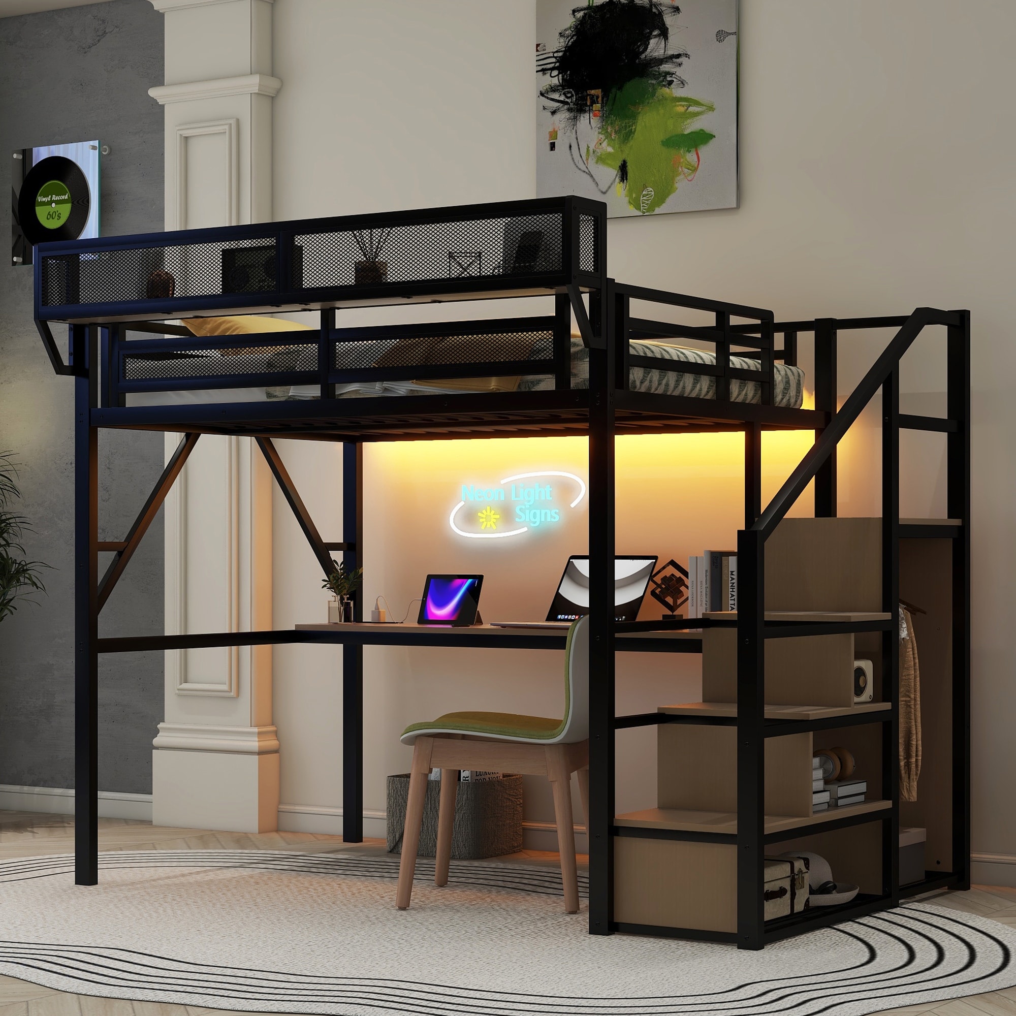 Full Loft Bed with Desk and Charging Station, Full Size Metal Loft Bed with Stairs and Light Teens, Patent Products