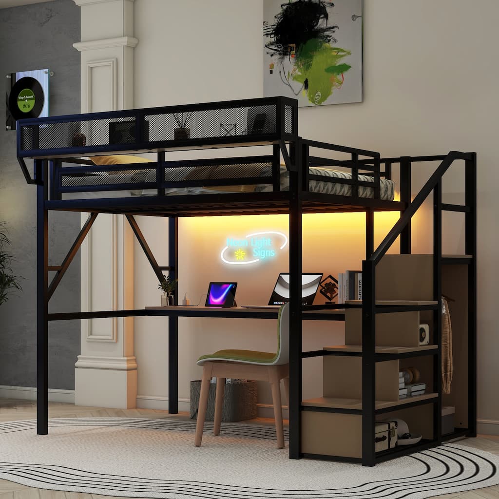 Full Loft Bed with Desk and Charging Station, Full Size Metal Loft Bed with Stairs and Light for Kids Teens