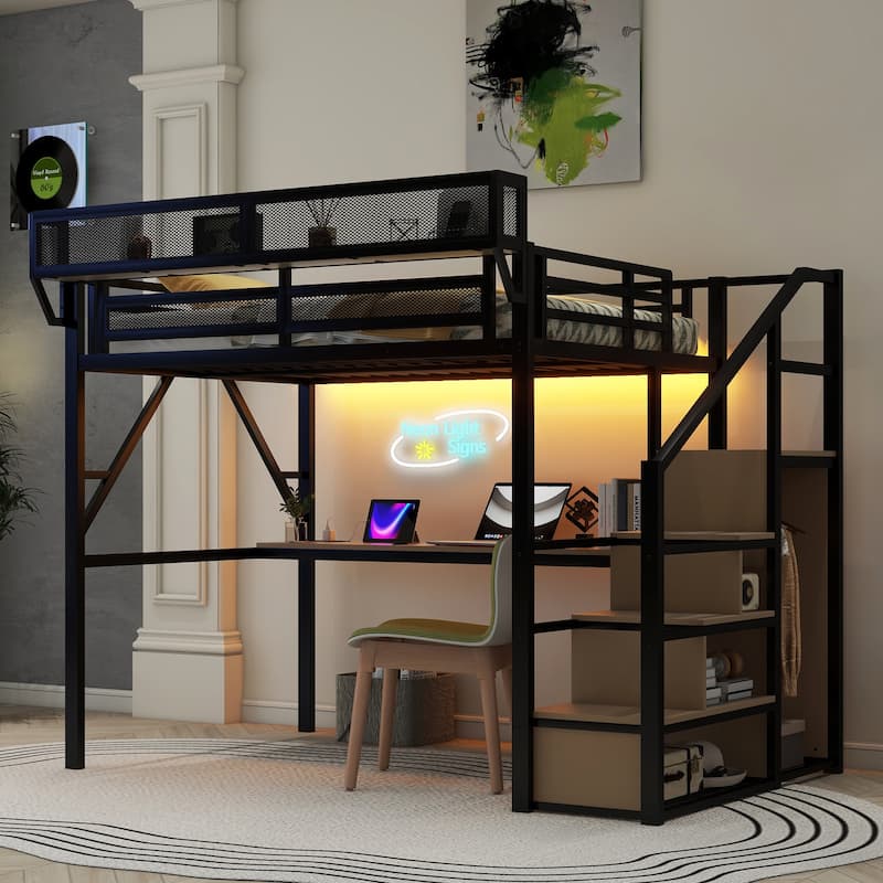 Full Size Metal Loft Bed with Built-In Desk, Charging Station and RGB Lighting, Staircase with Storage and Wardrobe - Black
