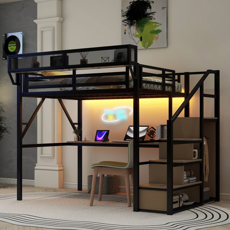 Metal Loft Bed with Storage Stairs Upper Storage Shelves and Wardrobe, Metal Structure Bed Optional Desk Charging Station