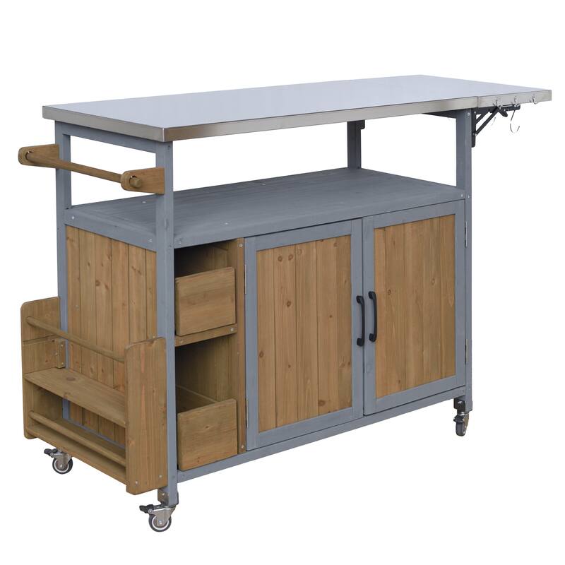 Christopher Knight Home - 54.33" Solid Wood Mobile Outdoor Kitchen Cart with Stainless Steel Top & Spice Rack & Lockable Wheels