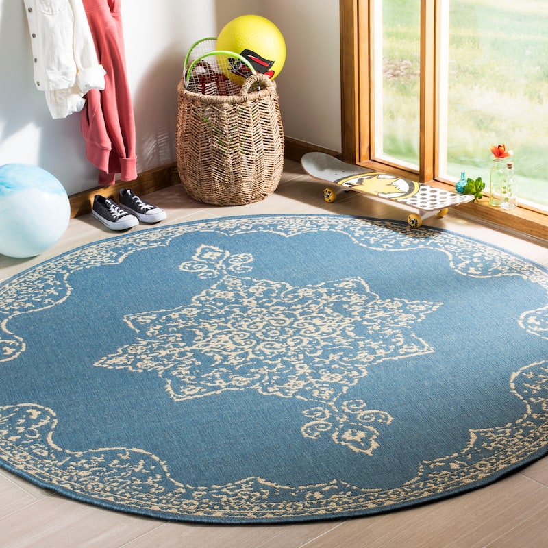 SAFAVIEH Linden Pascalle Indoor/ Outdoor Waterproof Patio Backyard Rug - 6'7" Round - Cream/Blue