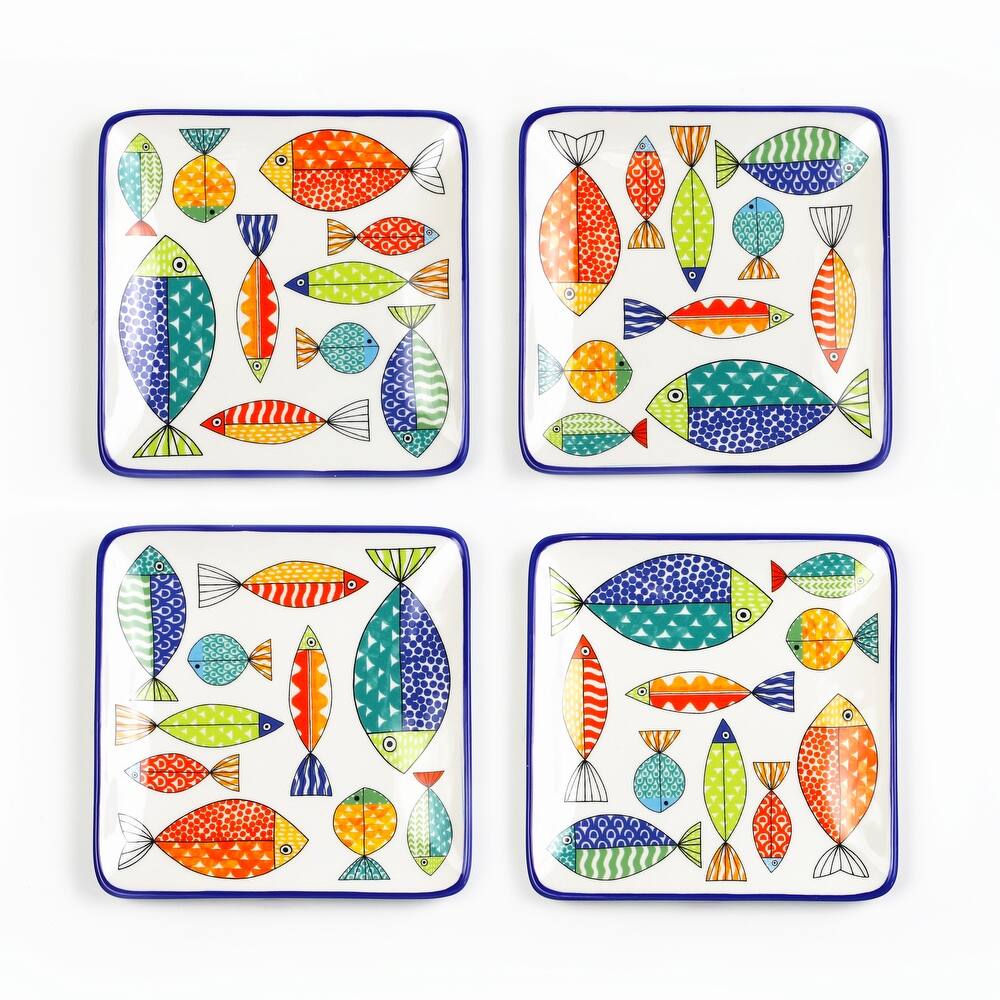 Euro Ceramica FreshCatch 4 Piece Square Canape Plates Set - 7.28 in. x 7.28 in. x 0.87 in.