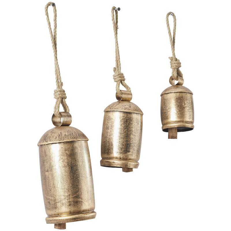 Metal Tibetan Inspired Decorative Cow Bells with Jute Hanging Rope - Set of 3 - Roche River Decor