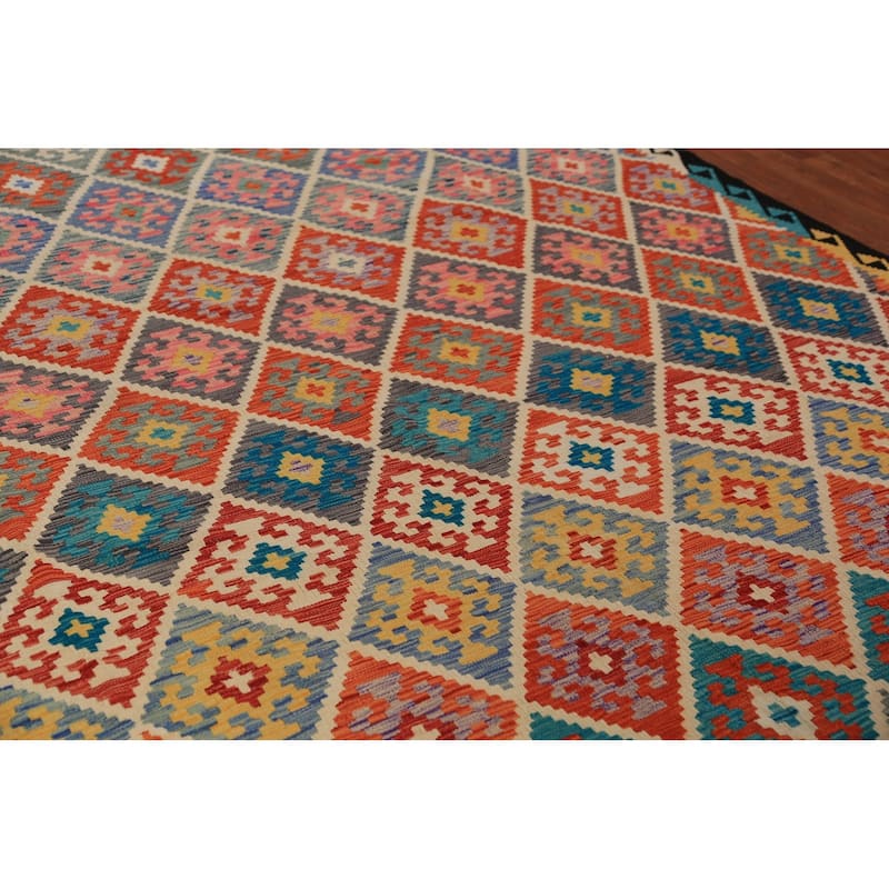 Trellis Kilim Oriental Area Rug Hand-Woven Wool Carpet - 8'2" x 11'2"