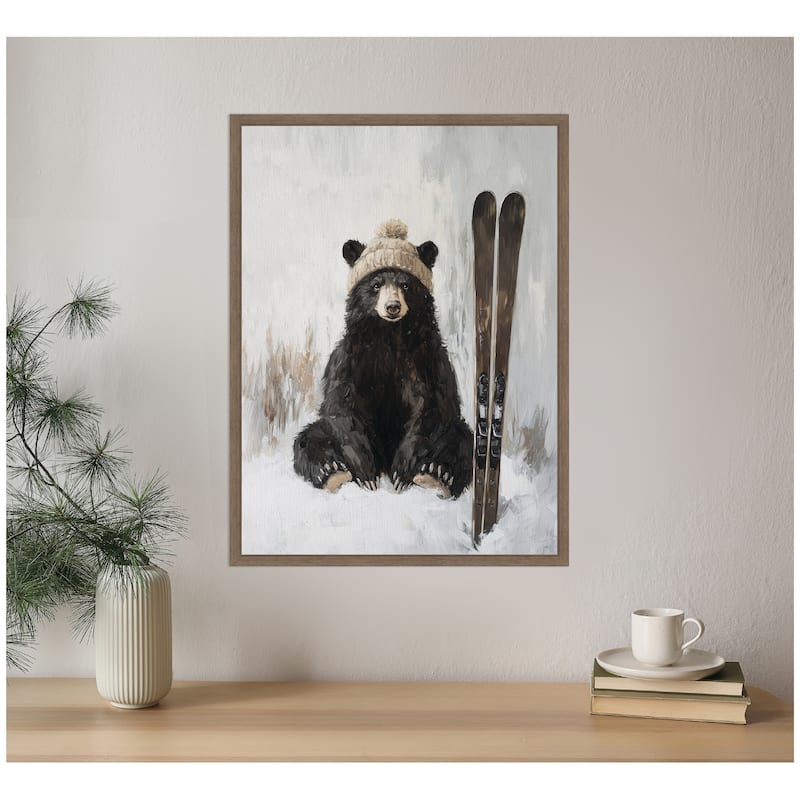 Kate and Laurel Framed Canvas Winter Bear Waiting to Ski by The Creative Bunch Studio