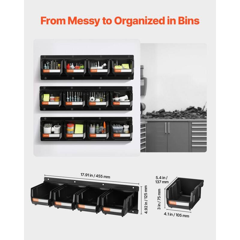 12-Pack Wall Mounted Storage Bins with Front-Open Design for Garage Kitchen or Craft Room - 5.4" x 4.1" x 3"