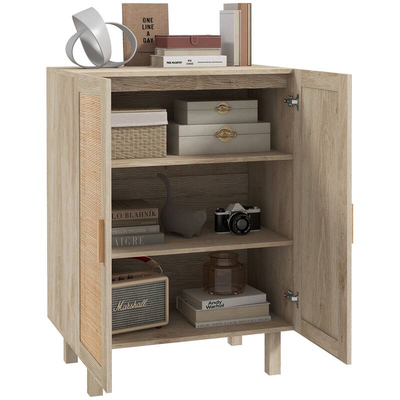 Boho Sideboard Buffet Cabinet with Rattan Doors and Adjustable Shelves, Natural