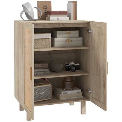 Sideboard Buffet Cabinet with 2-Rattan Doors, Adjustable Shelves and Elevated Base, Boho Kitchen Storage Cabinet, Natural