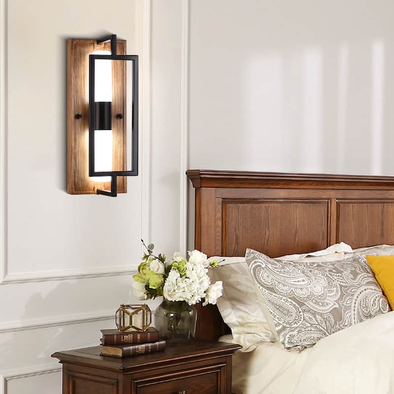 Bella Depot 12.6" Black Wall Light Farmhouse Wooden Sconce with Dimmable Led Light and Remote