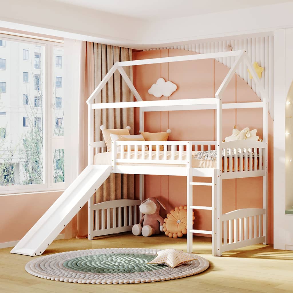 Twin Size Loft Bed with Integrated Slide ,Whimsical Playhouse Design, Space-saving and Safe Construction