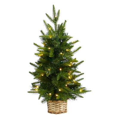 2ft. Artificial Christmas Tree with 35 Clear LED Lights in Decorative Basket - Petite Festive X-Mas Accent for Home Décor