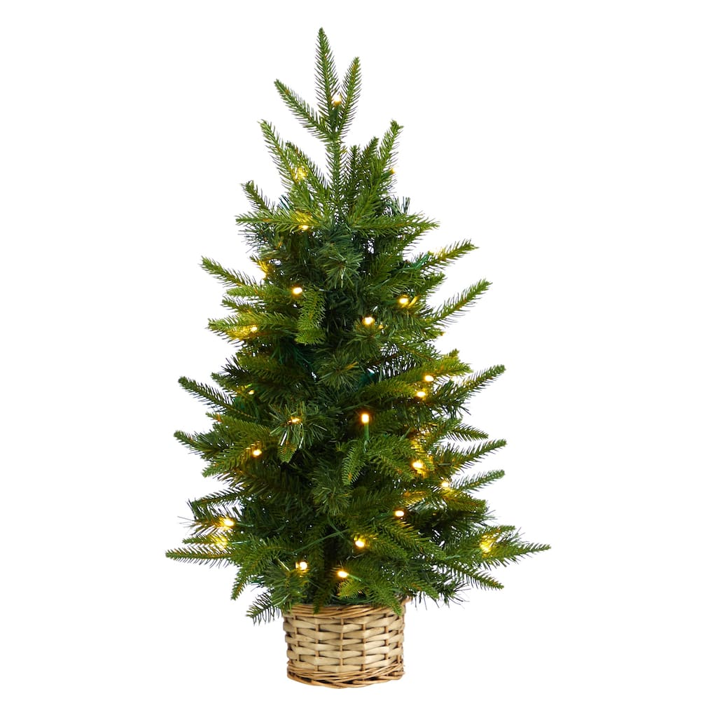 2ft. Artificial Christmas Tree with 35 Clear LED Lights in Decorative Basket - Petite Festive X-Mas Accent for Home Décor