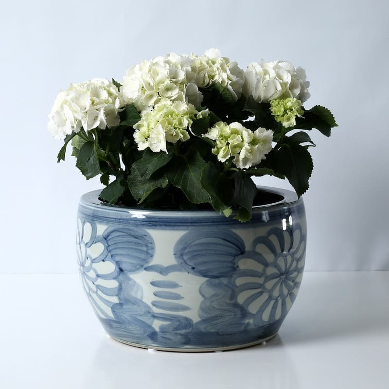 Approx. 14" Wide Blue and White Planter with Flower Motif