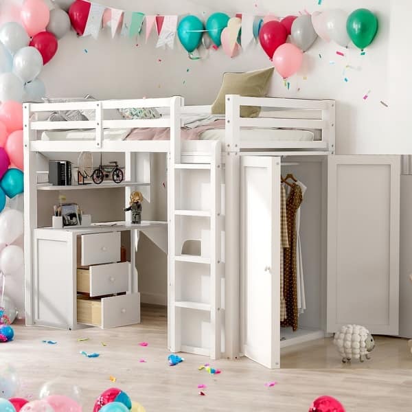 slide 2 of 18, Twin Size Loft Bed With Drawers,Desk and Wardrobe for Home White