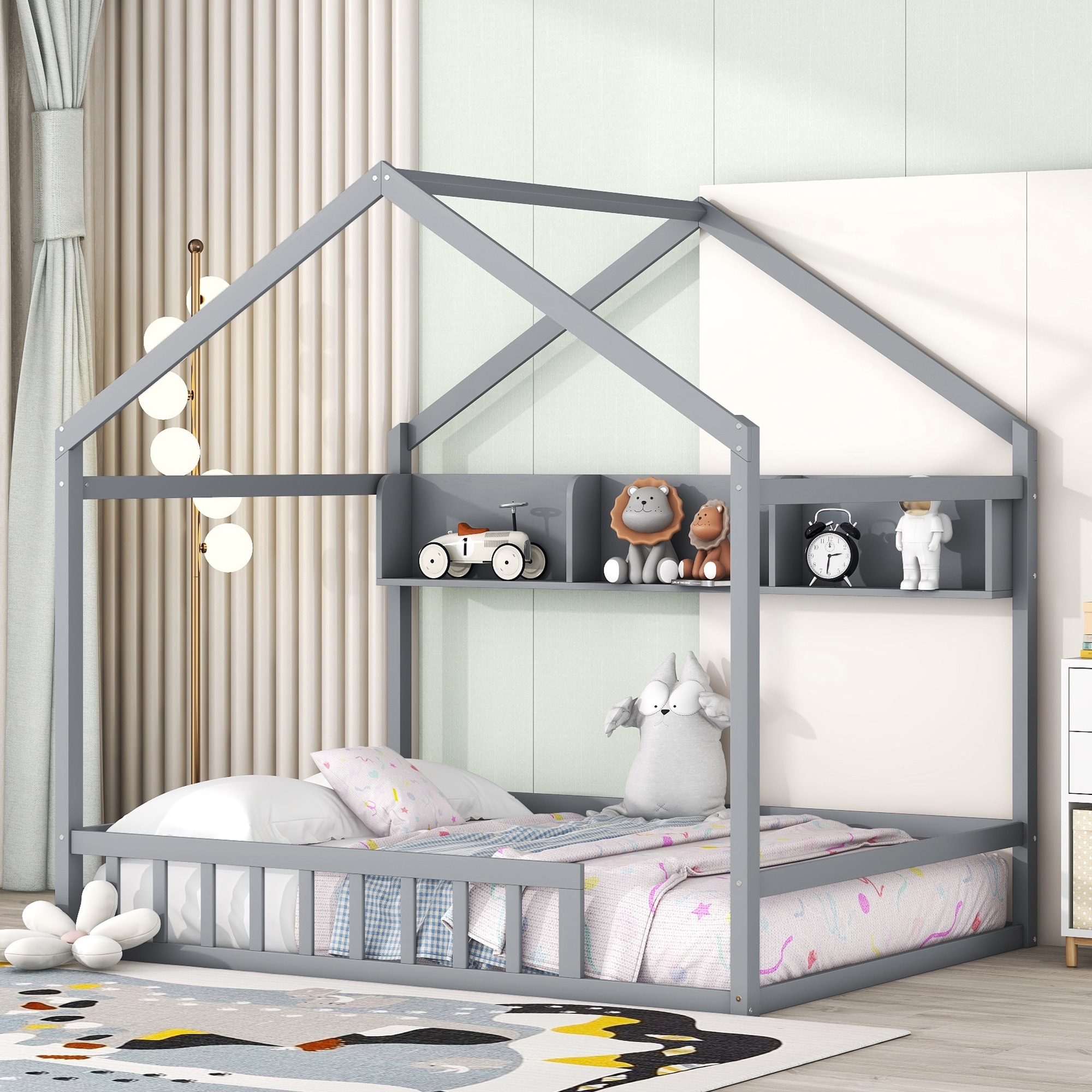 Wooden House Bed with Storage Shelf, Kids Bed with Fence and Roof