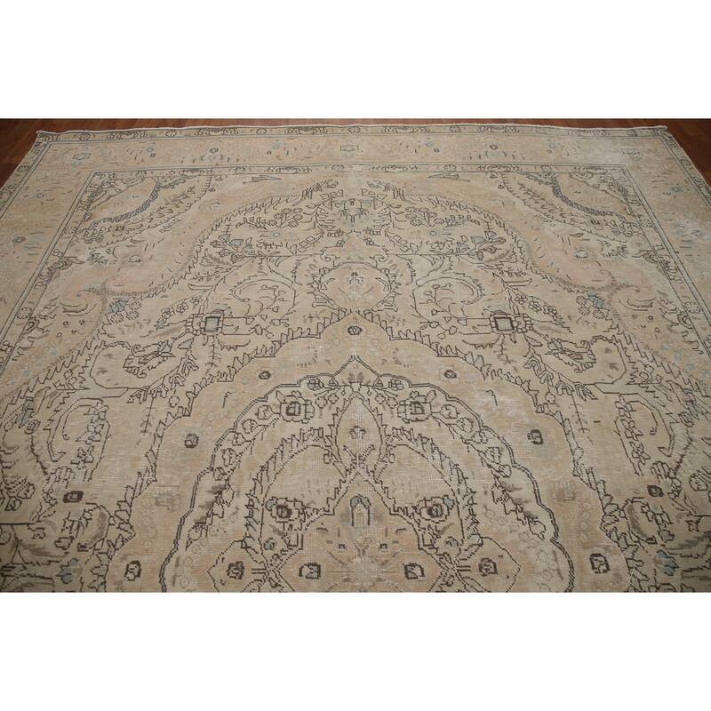 Hand Knotted Oriental 100% Wool Carpet Traditional Floral Beige & Ivories Tabriz Area Rug - 12' 7'' X 9' 7''