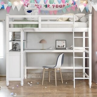 Twin Loft Bed with Drawers and Desk, Wooden Loft Bed with Shelves - White