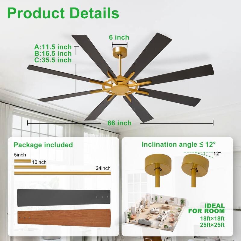 72" large Ceiling Fan for Farmhouse: without Light 8 Blades 5-Speed Timer - with Remote for Big Indoor Outdoor Covered Patio
