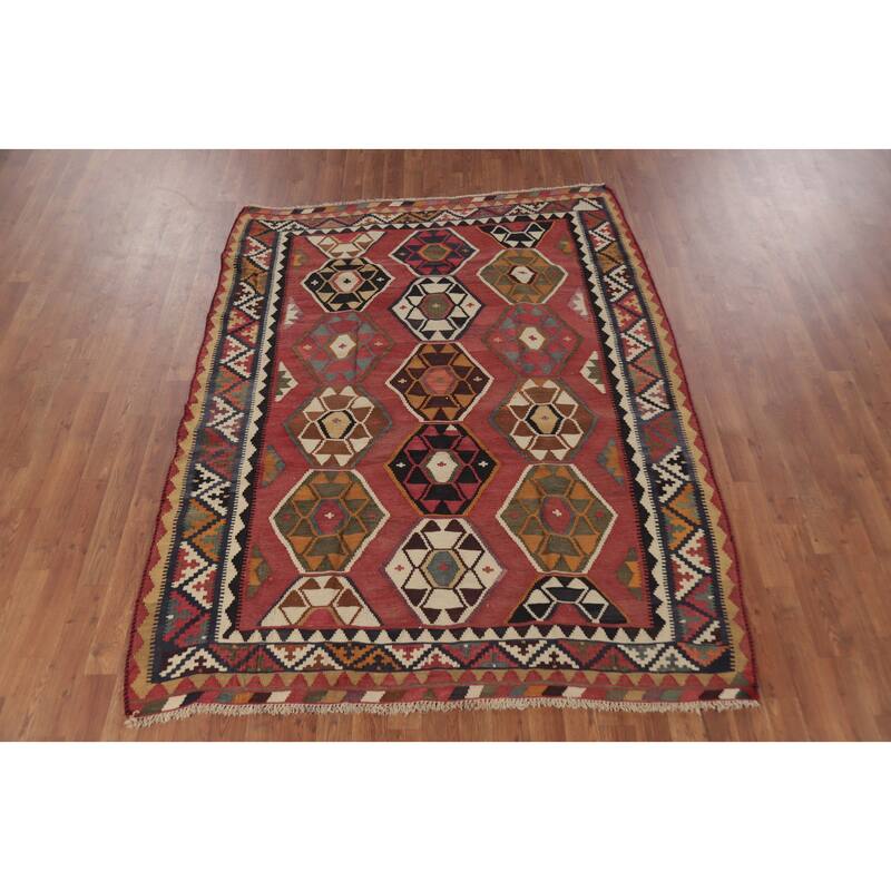 Hand Woven Oriental 100% Wool Carpet Southwestern Tribal Red Kilim Area Rug - 6' 11'' X 5' 3''