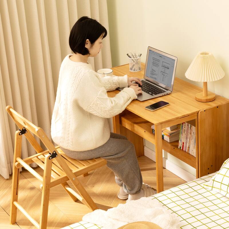 Bamboo Folding Desk for Small Spaces, Space-Saving Computer Table for Home Office & Dorm