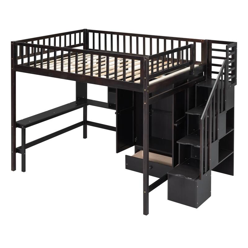 Full Size Loft Bed with Storage, Study Desk, Drawers, and Wardrobe, Space-Saving Design for Bedrooms