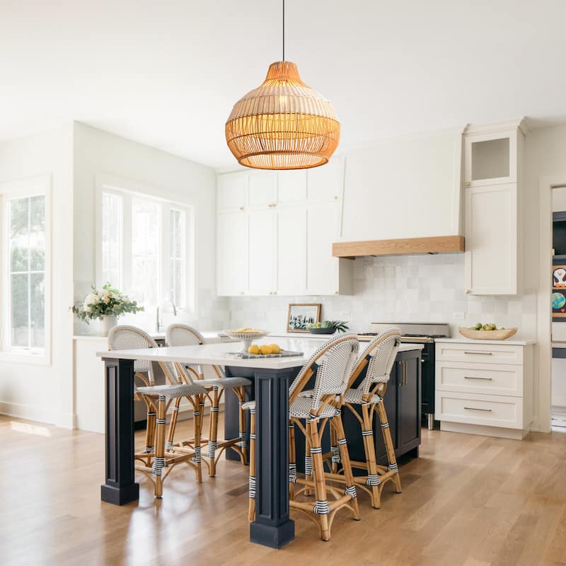 17" Bohemian Round Woven Wicker Adjustable Pendant Hanging Light for Dining Room