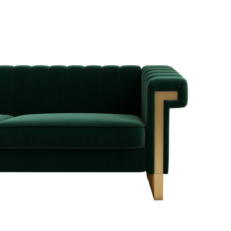 Leisure Sofa with Stainless Steel Metal Accents, Retro Green Velvet Upholstered Seat with Removable Cushions, Bedroom Loveseat