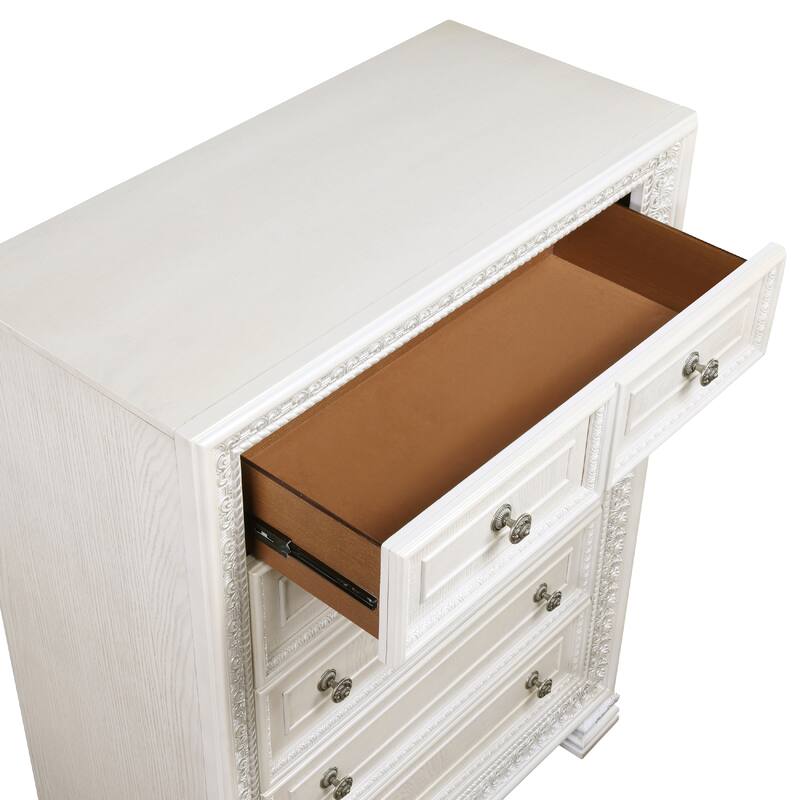 Rotu Tall Dresser Chest, 5 Drawers Rope Molding, White Ash Veneer