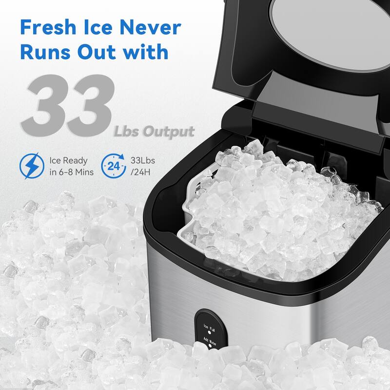 33Lbs/24H Countertop Nugget Ice Maker, Portable with Ice Scoop