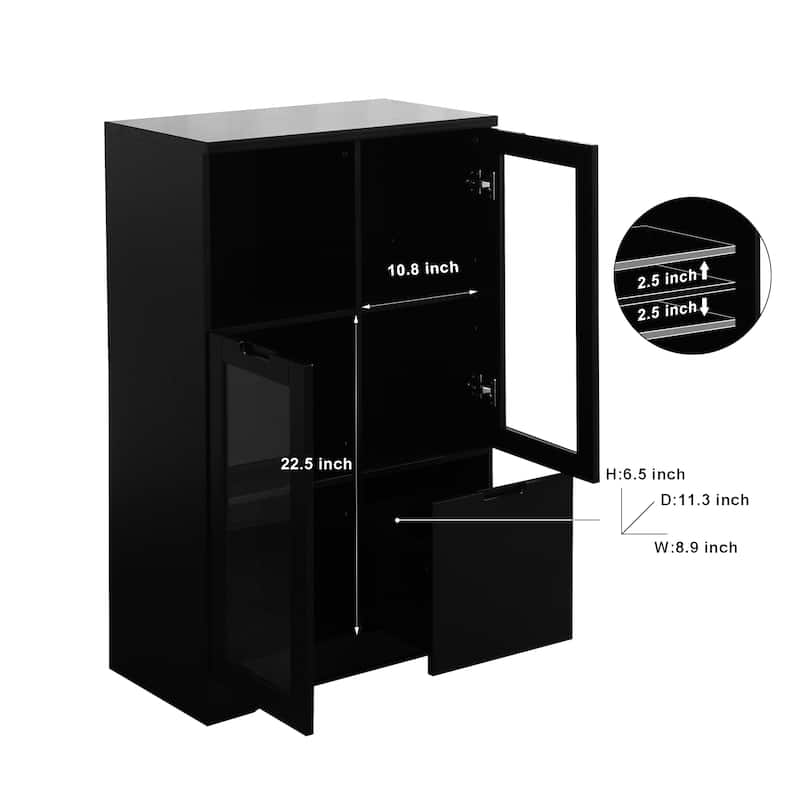 Black Multipurpose Storage Cabinet with Glass Doors Adjustable Shelf Drawer Kitchen Home Office Organizer - N/A