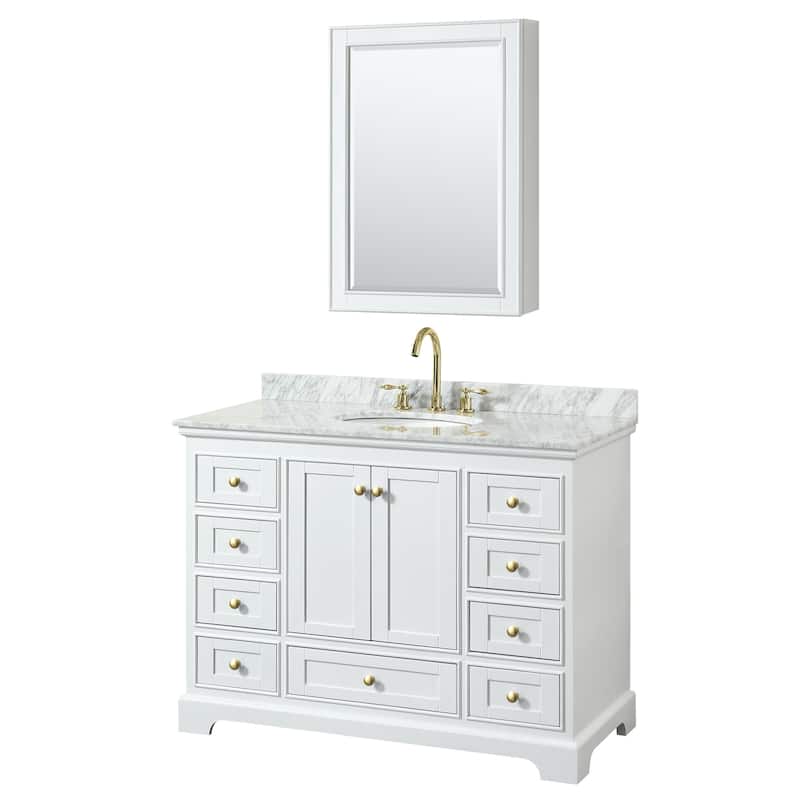 Wyndham Collection Deborah 48" Free Standing Single Vanity Set with - White / White Carrara Marble Top / Brushed Gold - Painted