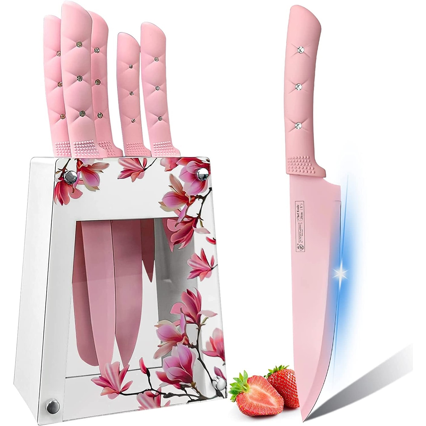 Pink Flower 6PC Stainless Steel Sharp Chef Knife Set with Acrylic Stand,  Cooking Non-slip Knife Set with Block - Bed Bath & Beyond - 37563498