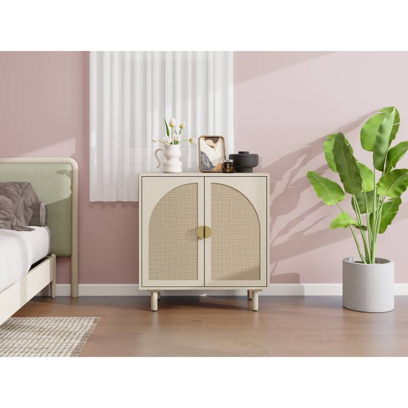 Rattan Decorative Cabinet Dining Cabinet with Semicircular Metal Handles, Rustic Credenza Console Cabinet