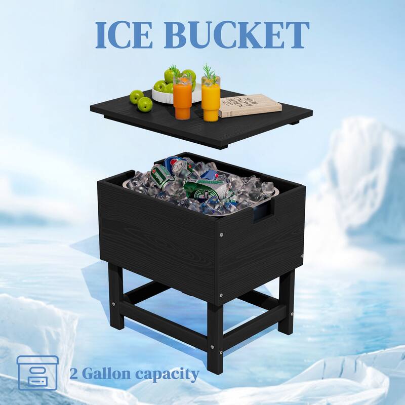 Outdoor Patio Weather Resistant HDPE Coffee & Side Table, Build-in Stainless Steel Cooler Bucket