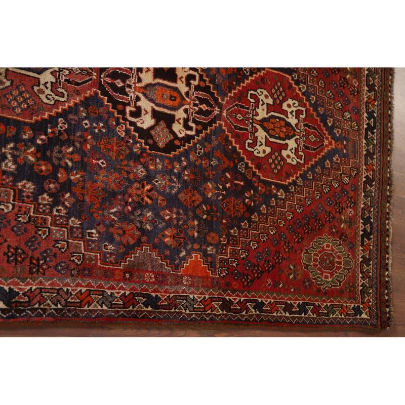 Hand Knotted Oriental 100% Wool Carpet Traditional Tribal Navy Blue & Blues Shiraz Area Rug - 5' 4'' X 3' 8''