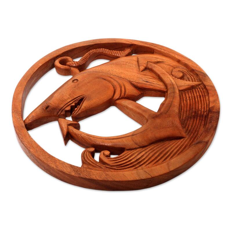 Novica Handmade Anchor Shark Wood Relief Panel - 0.8" H x 11" D