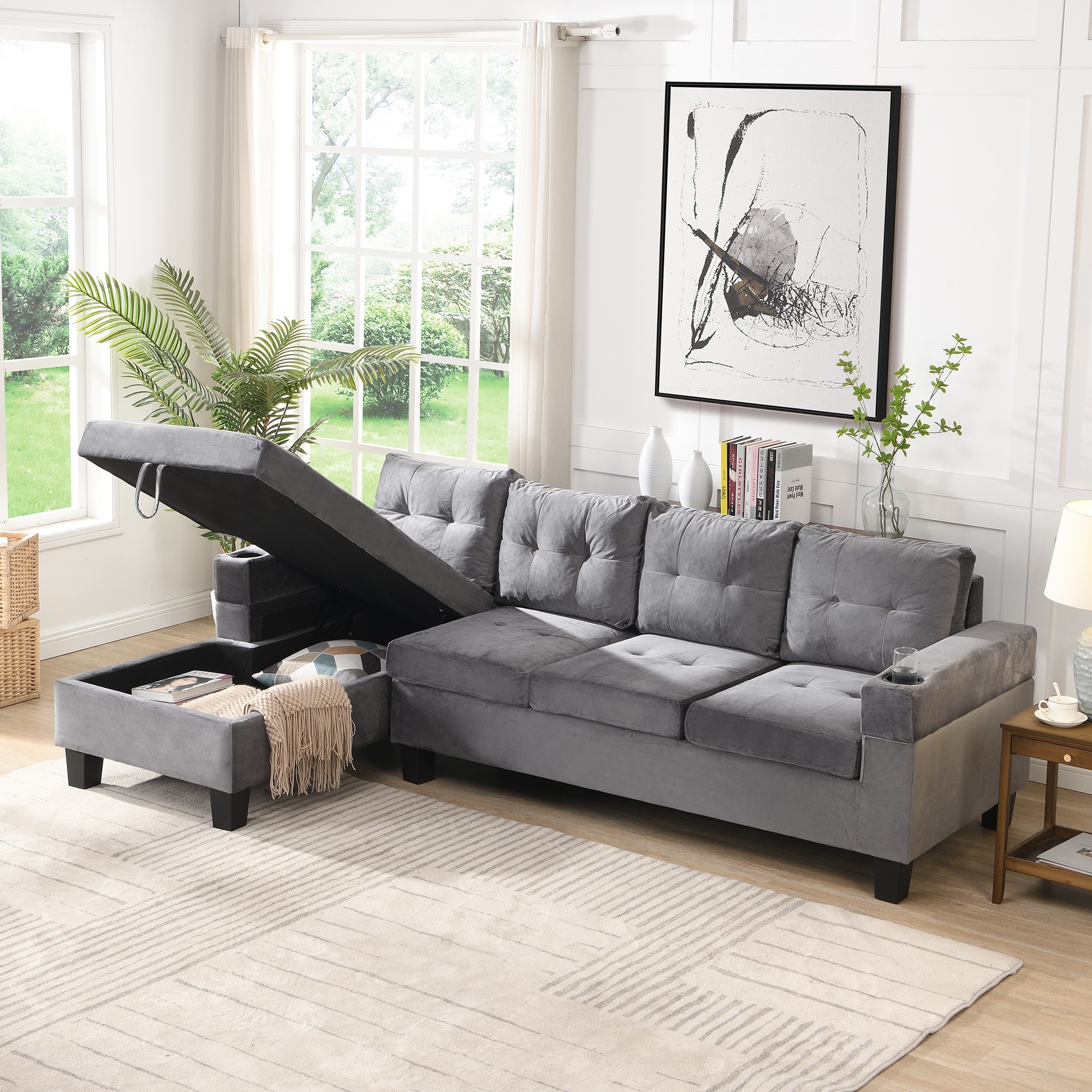 L-shape 4 Seat Sofa Set Grey Velvet Couch with Cupholder & Storage