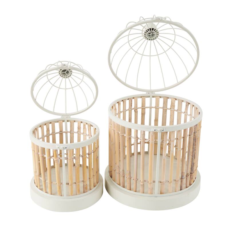 Brown Bamboo Wood Handmade Birdcage with White Metal Accents (Set of 2)