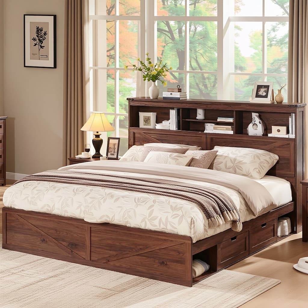 Modern Wood Bed Frame with Charging Station, Storage Headboard, Drawer