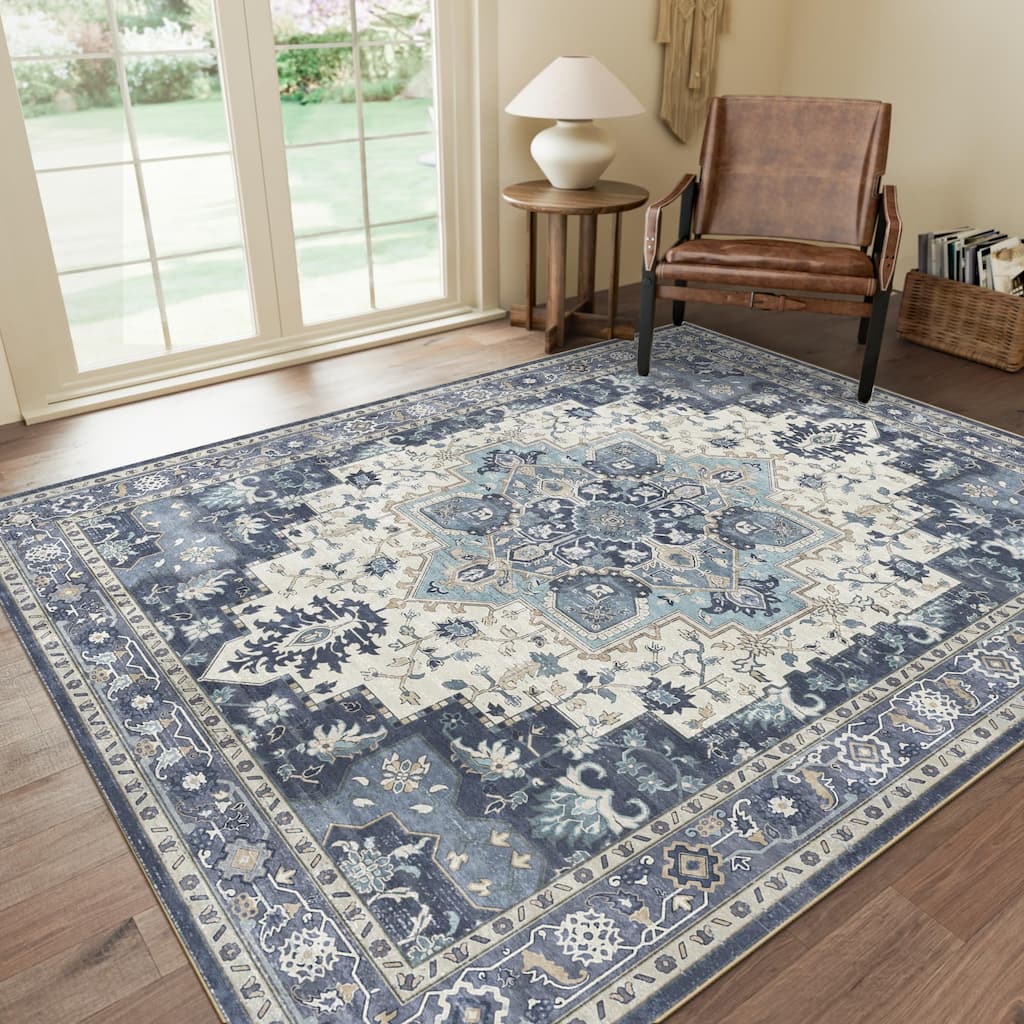 Mcow Floral Faded Low Pile Machine Washable Non-Slip Area Rug