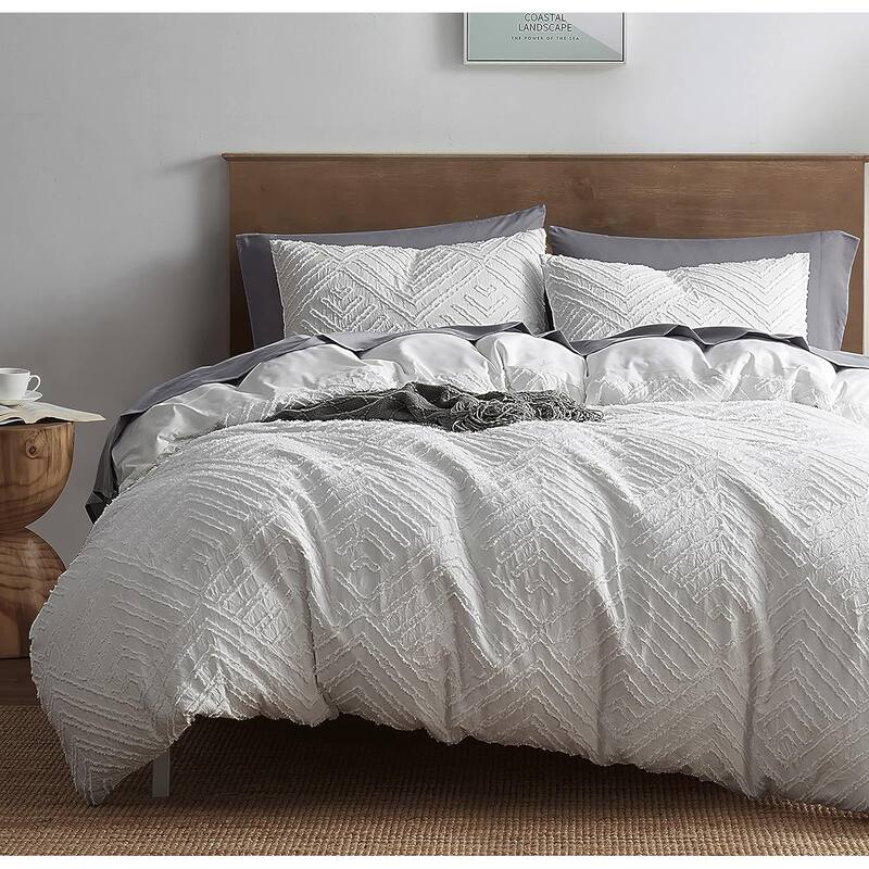 Empyrean Bedding Tufted Duvet Cover Set with Quilted Down Alternative Comforter Insert - White - Jewel - Queen