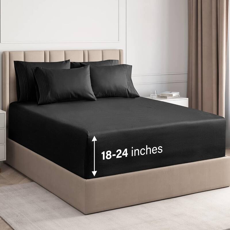 CGK Linens Extra Deep Pocket Microfiber 6 Piece Bed Sheet Set Soft & Cooling - Queen - Black